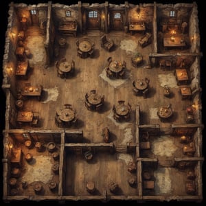 top down overhead view of an rpg battlemap filthy old oak wood-floor tavern broken windows thin walls overturned tables torn tapestries and rugs expert cartography D&D fantasy with all wooden plank flooring