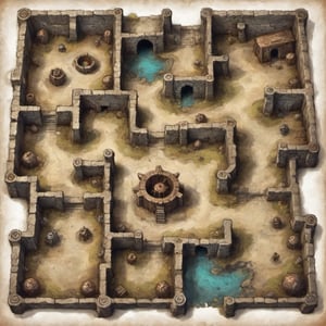 top down overhead view of an rpg battlemap dungeon layout with and dark halls opening into large chambers with lurking monsters and hidden treasure chests expert cartography D&D fantasy map