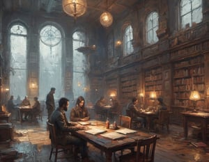 ismail inceoglu and ian mcque a phantasm spirit sits at table with students in a library and nobody notices but acts unphased