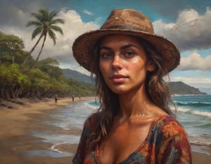 oil painting head and shoulders portrait of a Costa Rican Instagram model in Tamarindo detailed rich colors by Max Rive and Ryan Dyar