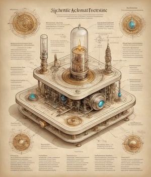 schematic diagram inscrutable electro-mechanical device with mystical magical alchemical accoutrements isometric detailed annotated concept on mottled pale parchment light substrate