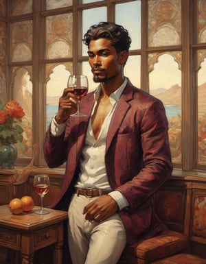 painting by Kilmt and mucha of an ethnic male model with a glass of wine indoor rich furnishings scene by maxfield parish bright window backlighting