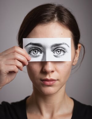 photograph of a woman who holds a strip of paper in front of her eyes that displays a pencil drawing of eyes, beautiful studio lighting photography in which the drawing of eyes obscures the real eyes