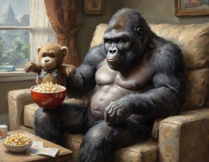 a gorilla holds a teddy bear on the couch watching movies on a big CRT television and eating from a big bowl of popcorn