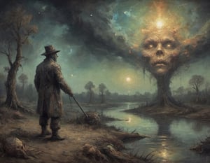 hunt showdown, the sleep of reason produces monsters, by Gary Larson, dr Seuss, odd Nerdrum, Beksinski, Rafael, anomaly found in the area where the beast resides, louisiana Bayou, energie beam of lights, desolate land, creepy, absolutely outstanding image, eerie, wearing unusual clothes, burnt, DMT, psytrance, psychedelic, pointillism, surrealism, impressionist expressionism, psychedelic, celestial abstract god, nebula texture, nebula glow, light emanation, object glowing, fractal, overthinking, overloaded, out of this world, alternate dimension, altered timeline, beyond repairs