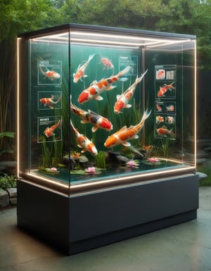 display case of koi fish in a pond