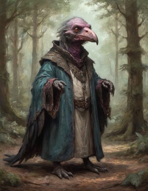 skeksil a chunky humanoid vulture skeksis wearing victorian robe in a forest