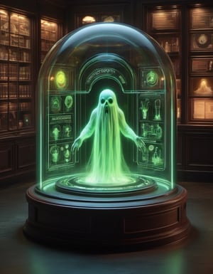 round domed display case with a glowing ectoplasmic ghost in a darkened ghost busters lab environment