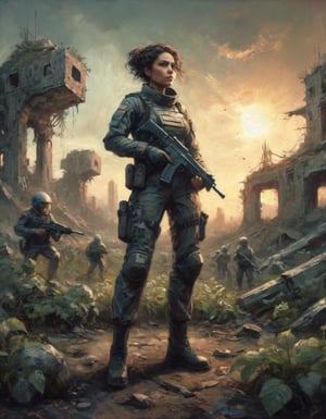 gritty pinhole photograph character illustration of a sci-fi soldier named Bria Ursan wearing a svelte uniform and laser pistol amidst ruins and brambles under an ominous setting sun leading her small squad of soldiers and scientists to safety