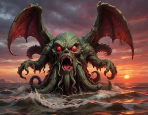 3D evil horror Cthulhu rising from the ocean under a sunset menacing blood sky