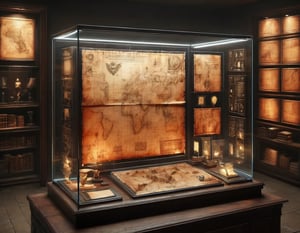 display case of a treasure map in the darkened rustic study of an archaeologist-adventurer