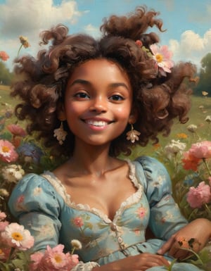 3D portrait of a beautiful girl in the 18th century reclining lying back in a field of flowers in the style of Jean Honores Fragonard smiling and with the face of Halle Bailey long afro curls surrounded with flowers Idyllic romantic mood from above