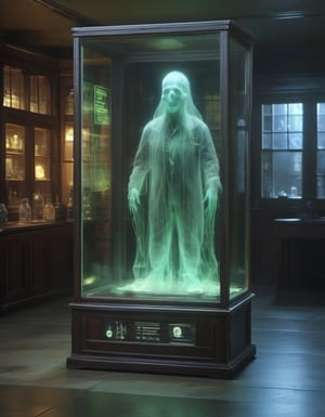 display case with a glowing ectoplasmic ghost in a darkened ghost busters lab environment