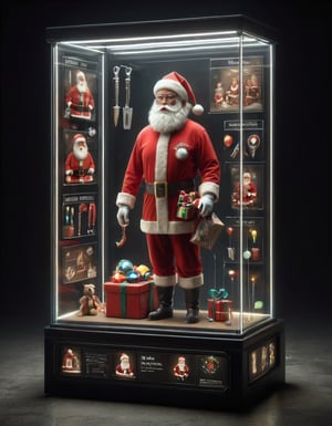 display case of santa clause with his accoutrements and tools of toy delivery in a dark serious presentation 