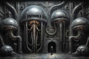biomechanical angled long dark black hall painting by  Giger by brzezinski oil on canvas iron steel machinery wet confusing glass domes containing bioluminescent organic floating eldritch horrors black ethos with accents of ominous right highlights