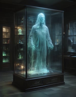 display case with a glowing ectoplasmic aether ghost in a darkened ghost busters lab environment