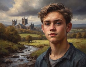 oil painting head and shoulders portrait of an average English teen in York England detailed rich colors by Max Rive and Ryan Dyar