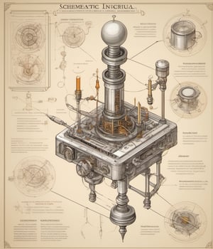 schematic diagram inscrutable electro-mechanical device with mystical magical alchemical accoutrements isometric detailed annotated concept