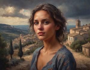 oil painting head and shoulders portrait of a model in Gordes Provence detailed rich colors by Max Rive and Ryan Dyar