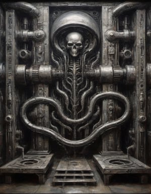 biomechanical dark black hall painting by H.R. Giger oil on canvas iron steel machinery wet confusing