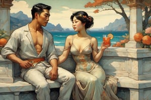 painting by Kilmt and mucha of asian man and a woman on a marble bench with cocktails enclosed garden near the ocean by maxfield parish bright and romantic