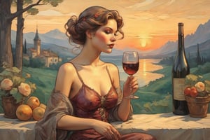 painting by Kilmt and mucha of a beautiful model with a glass of wine outdoor scene by maxfield parish setting sun