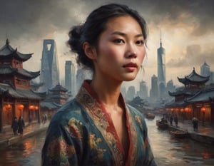 oil painting head and shoulders portrait of a Chinese model in Shanghai China detailed rich colors by Max Rive and Ryan Dyar