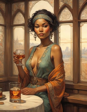 painting by Kilmt and mucha of an ethnic model with a glass of whisky indoor rich furnishings scene by maxfield parish bright window backlighting