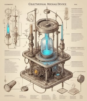 schematic diagram inscrutable electro-mechanical device with mystical magical alchemical accoutrements isometric detailed annotated concept