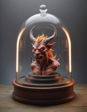 round domed display case for a taxidermied horned fiery demon head