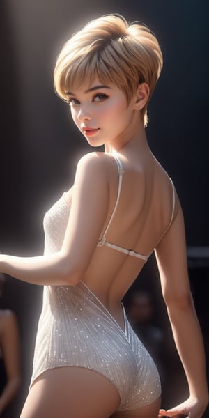 Full height shot, dark bar, young beautiful woman with golden pixie haircut, in white strings, is dancing samba, dark backgroud, natural light, ultra-detailed, depth of field. cinematic lighting, ethereal light, intricate details, extremely detailed, incredible details, full colored, complex details, hyper maximalist, gorgeous light and shadow, detailed decoration, detailed lines. masterpiece, best quality, HDR, UHD, unreal engine. looking at the camera, fair skin, beautiful face,Flat vector art,skirtlift,flat chested