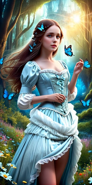 A surreal, conceptual art piece that explores the illusion of reality and the concept of hallucination. A woman with a mesmerizing, otherworldly face holds a butterfly in her hand, while a second version of herself, wearing a Victorian-inspired dress, gazes at the scene. The background features a dream-like landscape, with floating flowers, a surreal forest, and an ethereal sky. The image is rendered in a high-quality 3D style, bringing a cinematic feel to the surreal scene., cinematic, conceptual art, 3d render, photo,flat chested,skirtlift