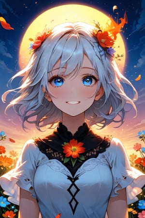 A whimsical and vibrant scene unfolds: A young girl with a striking contrast of black and white hair, adorned with hints of multiple colors, plays joyfully amidst the blooming flowers. Her bright blue eye twinkles as she gazes upwards, while her fiery red eyes ,blue eyes sparkles mischievously below. As she opens her mouth in a wide, carefree smile, the warm light of a sunset sky casts a kaleidoscope of hues above her upper body, where petals and colors mingle in a delightful dance.,beautiful eyes