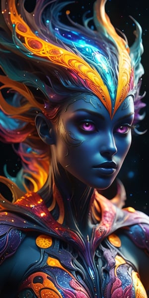 An otherworldly being with unknown origins, possessing mysterious biology and the ability to manipulate energy and matter. This cosmic entity defies conventional taxonomy and has a profound impact on worlds, with intricate energy patterns and a detailed anatomy depicted in hyper realistic, high resolution digital art. Its shape-shifting abilities and vibrant colors make it a surreal and enigmatic creature from another dimension. sharp focus, 4k, highly detailed
