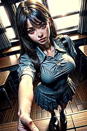 full body,Top Quality,Masterpiece,Realistic,Ultra High Resolution,Complex Details,Exquisite Details and Texture,Realistic,Beauty,viewed_from_below,1girl,japanese cute girl,17 years old,bangs,(Thin and Long Body:1.2),round face,chortle,guffaw,gigantic breasts,schoolgirl uniform,sweating_profusely,School Classroom
