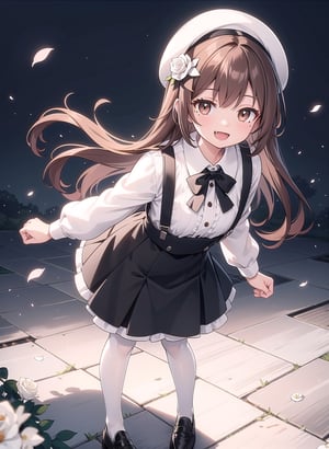 vibrant colors, female, masterpiece, sharp focus, best quality, depth of field, , ((solo, one woman )), (illustration, 8k CG, extremely detailed), masterpiece, ultra-detailed,  looking at viewer, blush, smile, open mouth, bangs, skirt, brown hair, shirt, hair ornament, long sleeves, hat, bow, ribbon, brown eyes, standing, full body, white shirt, flower, :d, pantyhose, shoes, collared shirt, virtual youtuber, hair flower, black skirt, black footwear, mole, mole under eye, black headwear, black ribbon, black bow, leaning forward, rose, beret, fangs, arms behind back, suspenders, white flower, loafers, hair rings, white pantyhose, suspender skirt, white rose, (park:1.3)