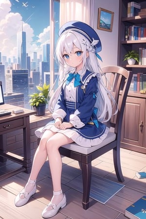 vibrant colors, female, masterpiece, sharp focus, best quality, depth of field, cinematic lighting, ((solo, one woman )), (illustration, 8k CG, extremely detailed), masterpiece, ultra-detailed, long hair, looking at viewer, blush, bangs, blue eyes, long sleeves, hat, dress, bow, sitting, full body, braid, white hair, shoes, cup, white headwear, chair, table, white footwear, outdoors, sky, day, cloud, indoors, blue sky, book, window, chair, sunlight, plant, building, scenery, desk, city, bookshelf, cityscape, shade, computer, monitor, shelf, book stack, skyscraper, blinds