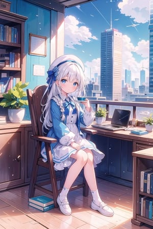 vibrant colors, female, masterpiece, sharp focus, best quality, depth of field, cinematic lighting, ((solo, one woman )), (illustration, 8k CG, extremely detailed), masterpiece, ultra-detailed, long hair, looking at viewer, blush, bangs, blue eyes, long sleeves, hat, dress, bow, sitting, full body, braid, white hair, shoes, cup, white headwear, chair, table, white footwear, outdoors, sky, day, cloud, indoors, blue sky, book, window, chair, sunlight, plant, building, scenery, desk, city, bookshelf, cityscape, shade, computer, monitor, shelf, book stack, skyscraper, blinds