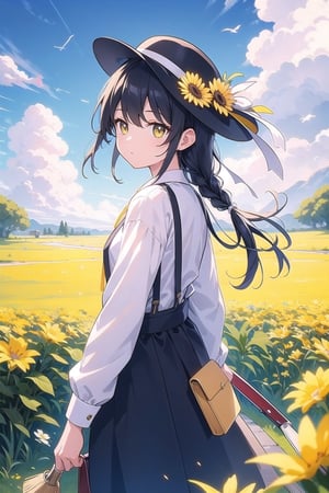 vibrant colors, female, masterpiece, sharp focus, best quality, depth of field, cinematic lighting, ((solo, one woman )), (illustration, 8k CG, extremely detailed), masterpiece, ultra-detailed,long hair, skirt, shirt, black hair, long sleeves, hat, standing, white shirt, braid, flower, outdoors, sky, cloud, black skirt, from behind, bird, suspenders, cloudy sky, grass, long skirt, yellow flower, paintbrush, yellow headwear, painting \(action\), canvas \(object\)