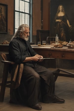 Leonardo da Vinci today designing an Pagani concept car on his atelier. He is looking at the car very concentrated in his creative work. Renaissance-style clothing from Leonardo da Vinci's era. This includes a doublet, high-collar shirt, colorful hose, codpiece, cloak, beret with feather, and leather shoes. Ensure historical accuracy and attention to clothing details. Reinassance ambient illuminated by candles. Create a movie still-style image in high quality with detailed facial features (skin: 1.2) and a subtle film grain effect, like Fuji-film XT3s cameras. Use soft lighting and an 8k UHD resolution shot with a DSLR,frank grillo,Movie Still