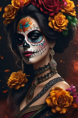 Ana de la Reguera with day of the dead make-up on her face, portrait, traditional, without too much flowers, colorful smoke all over the body, dense smoke], intricate design, photorealistic, hyper-realistic, high definition, extremely detailed, cinematic, UHD, HDR, 32k, ultra hd, realistic, dark muted tones, highly detailed, perfect composition, beautiful intricate detailing incredibly detailed octane render, trending on artstation