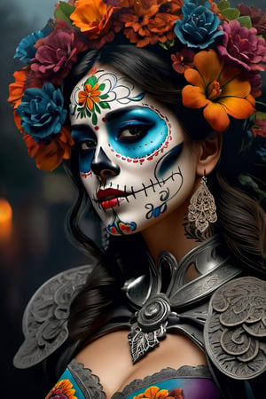 Ana de la Reguera with day of the dead make-up on her face, portrait, traditional, without too much flowers, colorful smoke all over the body, dense smoke], intricate design, photorealistic, hyper-realistic, high definition, extremely detailed, cinematic, UHD, HDR, 32k, ultra hd, realistic, dark muted tones, highly detailed, perfect composition, beautiful intricate detailing incredibly detailed octane render, trending on artstation