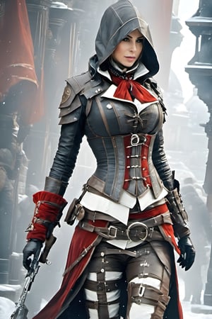 (+18) , nsfw, 

Sexy female assassin creed, 
1girl, 
winter_clothes, 
black clothe,
Red and white lines,
hoodie on head, 
Visible Cleavage, 
Big ass ,
Large hips,
Hourglass figure, 

high_resolution, 
high detail, 
perfect body, 
side view,steampunk style,Movie Still,Film Still,Cinematic,steampunk,HZ Steampunk