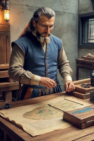 Leonardo da Vinci today designing an electric sports car on his atelier. Renaissance-style clothing from Leonardo da Vinci's era. This includes a doublet, high-collar shirt, colorful hose, codpiece, cloak, beret with feather, and leather shoes. Ensure historical accuracy and attention to clothing details. Reinassance ambient illuminated by candles. Create a movie still-style image in high quality with detailed facial features (skin: 1.2) and a subtle film grain effect, like Fuji-film XT3s cameras. Use soft lighting and an 8k UHD resolution shot with a DSLR