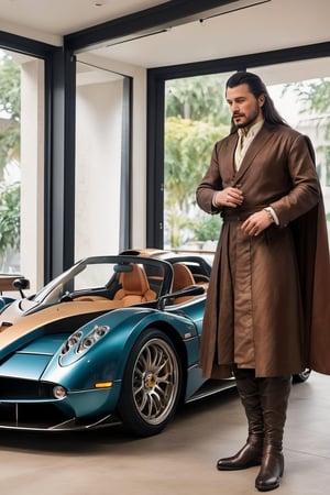 Leonardo da Vinci today designing an Pagani Zonda car on his atelier. Renaissance-style clothing from Leonardo da Vinci's era. This includes a doublet, high-collar shirt, colorful hose, codpiece, cloak, beret with feather, and leather shoes. Ensure historical accuracy and attention to clothing details. Reinassance ambient illuminated by candles. Create a movie still-style image in high quality with detailed facial features (skin: 1.2) and a subtle film grain effect, like Fuji-film XT3s cameras. Use soft lighting and an 8k UHD resolution shot with a DSLR