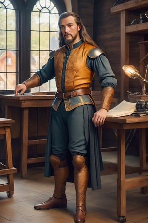 Leonardo da Vinci today designing an electric sports car on his atelier. Create a digital drawing of a man wearing Renaissance-style clothing from Leonardo da Vinci's era. This includes a doublet, high-collar shirt, colorful hose, codpiece, cloak, beret with feather, and leather shoes. Ensure historical accuracy and attention to clothing details. Reinassance ambient illuminated by candles. Create a movie still-style image in high quality with detailed facial features (skin: 1.2) and a subtle film grain effect, like Fuji-film XT3s cameras. Use soft lighting and an 8k UHD resolution shot with a DSLR