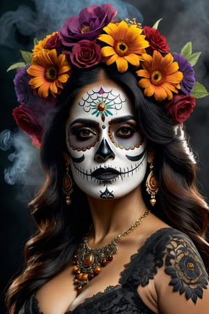 Salma Hayek with day of the dead make-up on her face, portrait, traditional, without too much flowers, colorful smoke all over the body, dense smoke], intricate design, photorealistic, hyper-realistic, high definition, extremely detailed, cinematic, UHD, HDR, 32k, ultra hd, realistic, dark muted tones, highly detailed, perfect composition, beautiful intricate detailing incredibly detailed octane render, trending on artstation