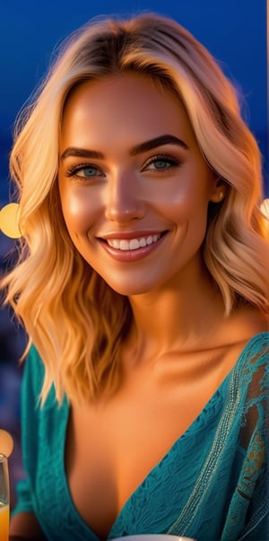 Generate a hyper-realistic 8K GoPro close-up of a stuning russian supermodel with piercing blue eyes, stylysh golden blonde hair, and a radiant smile, sitting at an outdoor café on the island of Santorini, Greece, at night. She is at a table that offers a picturesque view of the iconic white and blue buildings, now bathed in the colorful glow of neon lights. The ambiance is romantic and vibrant, with the neon lights casting dynamic colors on her face, enhancing her bright smile and illuminating her golden blonde hair. The café setting includes classic Greek elements like a blue tablecloth, a glass of fresh orange juice, and the charming architecture of Santorini, all under the enchanting neon lights, creating a lively and unforgettable atmosphere.