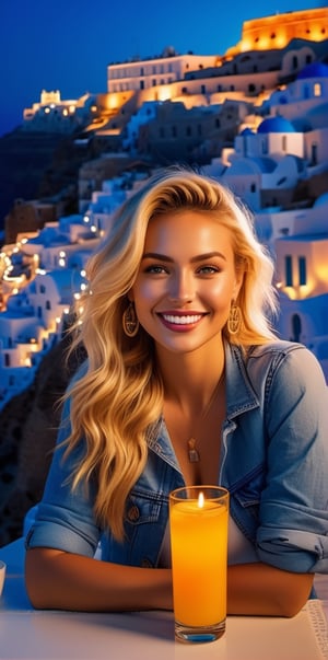 Generate a hyper-realistic 8K GoPro close-up of a stuning russian supermodel with piercing blue eyes, stylysh golden blonde hair, and a radiant smile, sitting at an outdoor café on the island of Santorini, Greece, at night. She is at a table that offers a picturesque view of the iconic white and blue buildings, now bathed in the colorful glow of neon lights. The ambiance is romantic and vibrant, with the neon lights casting dynamic colors on her face, enhancing her bright smile and illuminating her golden blonde hair. The café setting includes classic Greek elements like a blue tablecloth, a glass of fresh orange juice, and the charming architecture of Santorini, all under the enchanting neon lights, creating a lively and unforgettable atmosphere.