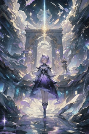  1girl, design inspired by potassium, light purple color scheme, flaming lilac hair , metallic lustre clothing, in a silvery palace in space,EpicArt,Dreamscape masterpiece, best quality,